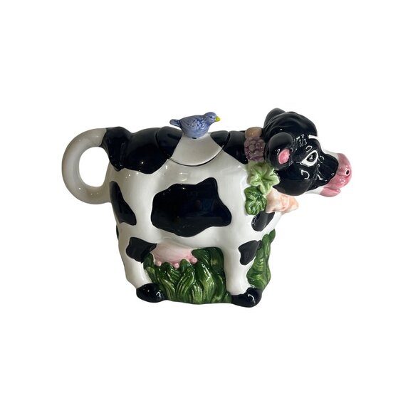 Vintage 1993 Wang's Ceramic Cow Teapot Black White Holstein Blue Bird on Back - Picture 3 of 6